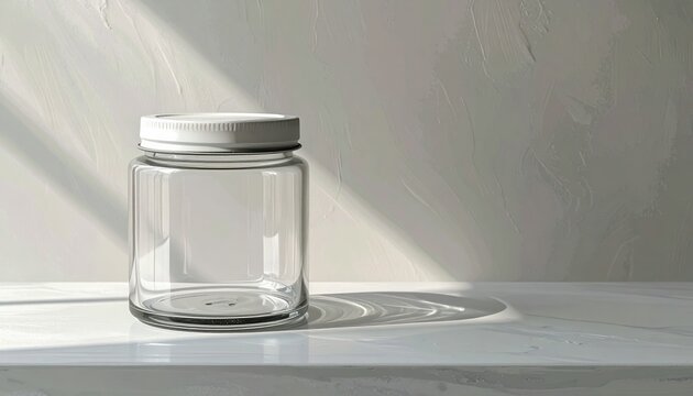 Empty clear glass jar with white lid