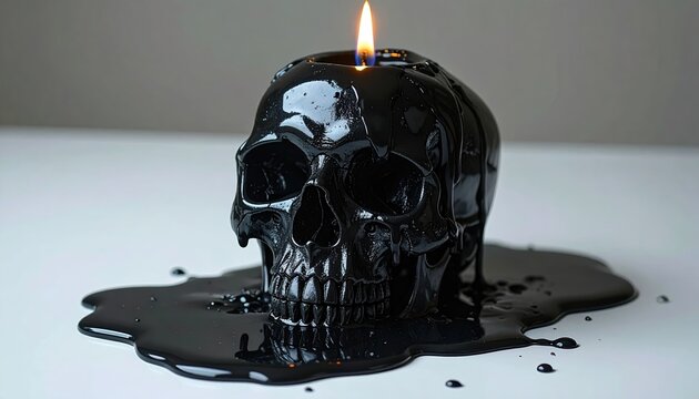 Human skull candle melting with black wax tears