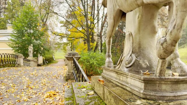 Pan shot reveals a marble centaur statue on Centaur Bridge in slow motion. Scattered autumn leaves bring a serene and nostalgic feeling. Shot in Pavlovsk Park, Russia.