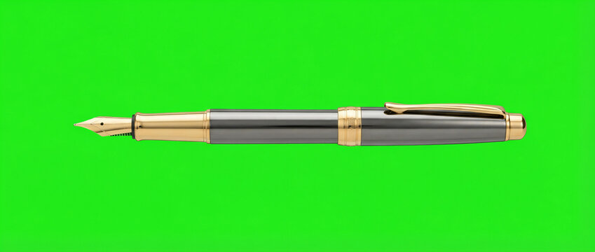 Elegant fountain pen with gold nib and metallic barrel isolated on a vibrant green background