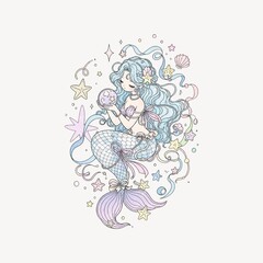 Fototapeta premium Cute mermaid girl illustration, fantasy mermaid girl with long blue hair