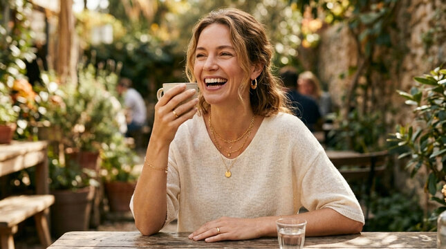 Joyful Woman Laughing with Coffee in Outdoor Cafe Setting Lifestyle and Relaxation