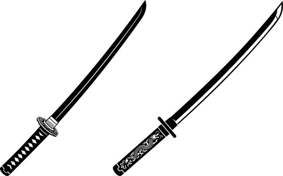 Japanese samurai katana sword vector illustration set in silhouette style for martial arts ninja warrior and asian traditional weapon concept
