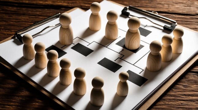 Wooden dolls stand on paper chart on clipboard. Small figures form hierarchy, corporate structure on white sheet. Business team arrangement shows leadership roles, management system, organizational