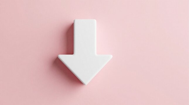 Minimal 3D white arrow points down on soft pink pastel background. Clean geometric shape shows direction decrease. Simple modern design represents falling trend, decline, downward movement in