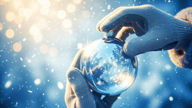 Woman holding a clear Christmas ornament with falling snow. Winter wonderland scene with holiday decoration, bokeh lights background.