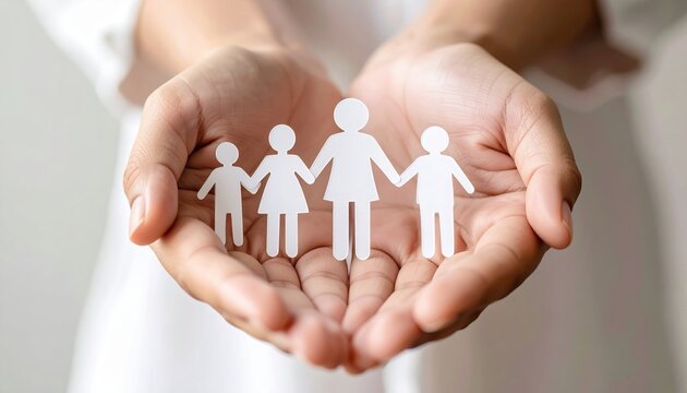 Family care concept with supportive hands and paper silhouette