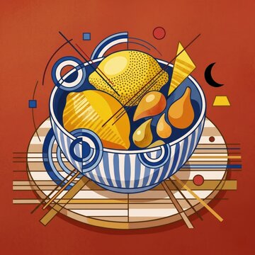 A digital illustration in avant-garde constructivist style featuring a blue and white striped bowl filled with yellow lemons and abstract geometric shapes against a red textured background.