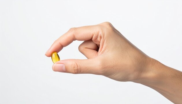 Female hand holding small object on white background