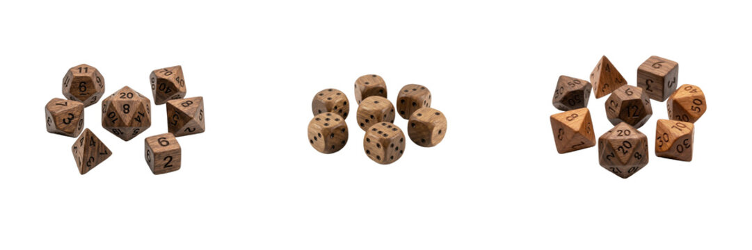 Wooden Polyhedral Dice Sets for Tabletop Role Playing Games Isolated on White Background RPG Gaming Accessories Wooden Dice Collection for Dungeons and Dragons Board Games
