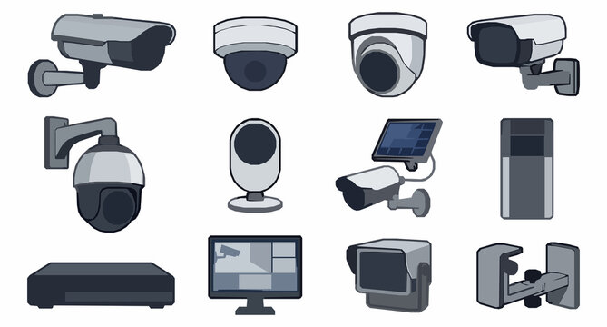 CCTV Surveillance Equipment Vector Set with PTZ Cameras Recorder and Monitoring Devices