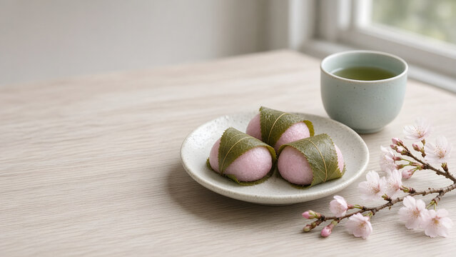 Sakura mochi with green tea and a cherry blossom branch for hanami