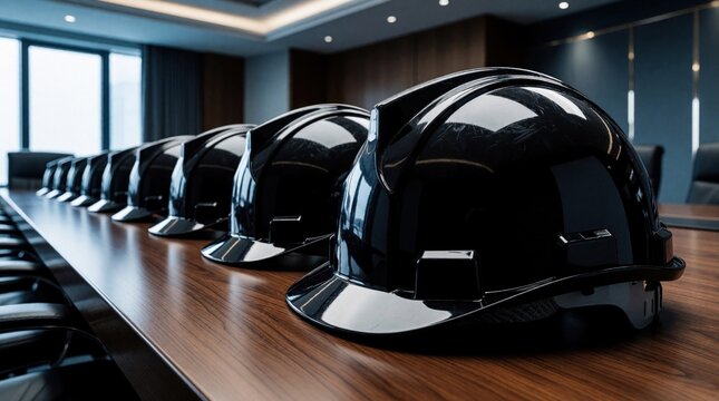 Black hard hats line up on wooden conference table in modern office. Construction safety helmets arranged in row for industrial meeting training session. Engineering team prepares for workplace