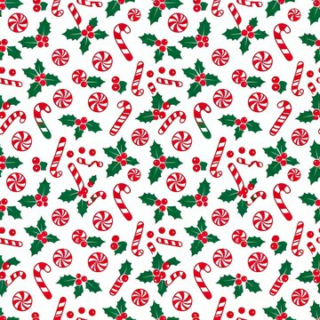 Candy cane and holly seamless Christmas pattern