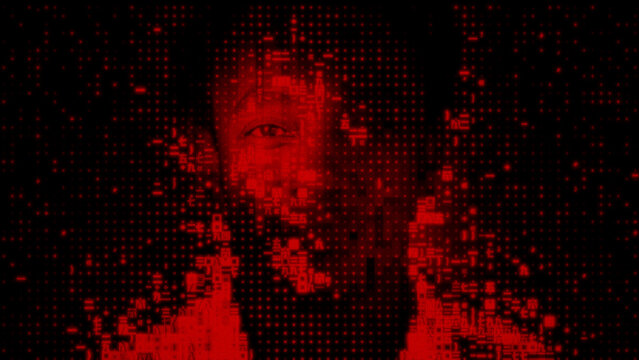 Digital Face dissolving into Digital Code, illustrating Stolen Personal Data Concept.