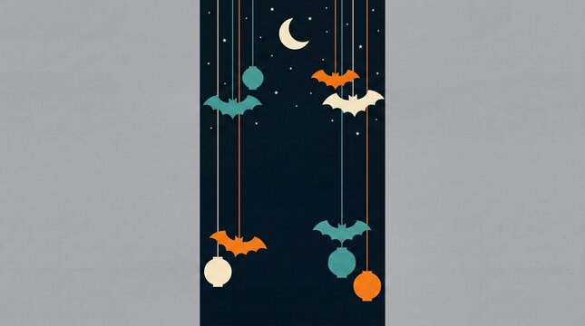 Halloween hanging bats and lanterns on dark blue night sky vector illu