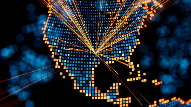 Dallas on Holographic Blue and Orange Planet with Luminescent Square Particles and Arcing Lines