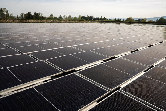Large floating solar panel farm on a reservoir