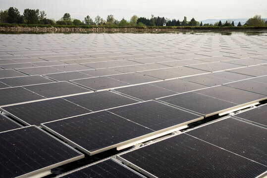 Vast floating solar panel array on water