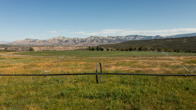 Center pivot irrigation waters a sunny farm field