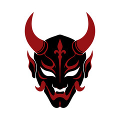 Gothic devil mask with large red horns, fleur de lis forehead and fanged grin, black and red vector icon for Halloween costume, demon fantasy, tattoo and sticker designs. © Marcelino