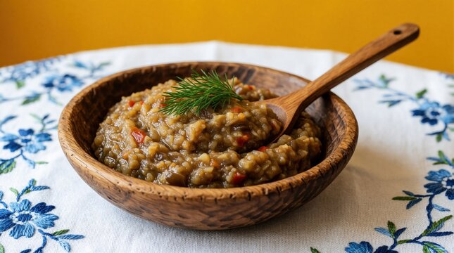 Traditional zacusca vegetable spread in carved wooden bowl with dill. Homemade eggplant dip sits on blue floral tablecloth over yellow background. Authentic Romanian appetizer with wooden spoon for