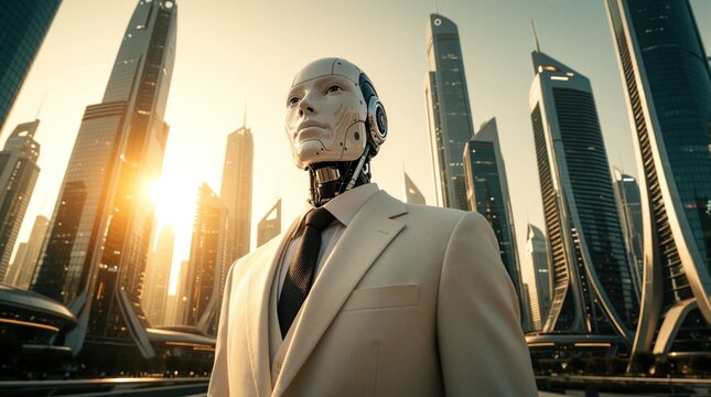 Humanoid robot businessman wears formal suit in futuristic city. Cyborg male stands among glass skyscrapers at sunset. Advanced AI android works in modern business district. High tech machine person