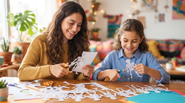 Woman and girl cutting paper skeleton crafts at home. Creative Halloween activity fostering family bonding, imagination, fine motor skills, and hands-on learning during holiday preparation