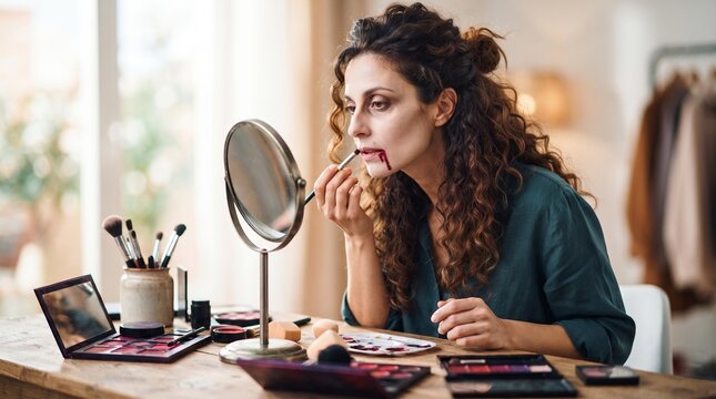 Woman applying dark lipstick while looking in a mirror at a makeup table. Gothic beauty routine and Halloween costume preparation concept with cosmetics and creative self expression
