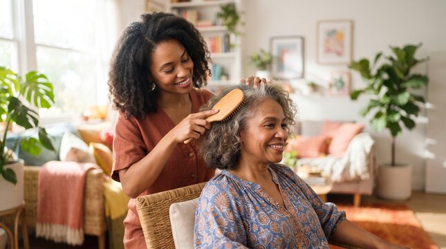 African American woman brushing the hair of a smiling older woman at home. Family bonding, personal care, aging with dignity, and intergenerational beauty routine
