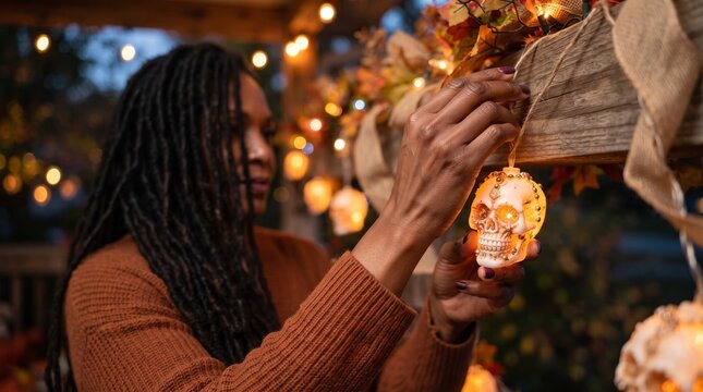 African American woman hanging a skull ornament on an autumn wreath. Halloween decorating tradition with glowing lights, seasonal home decor and festive celebration