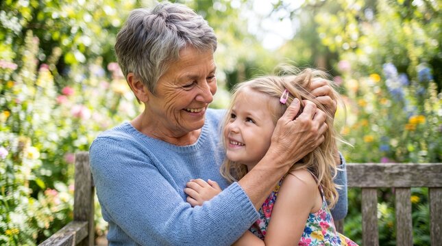Grandmother lovingly brushing her granddaughter's hair in a blooming garden. Intergenerational family bond, childhood affection, caregiving and outdoor lifestyle concept