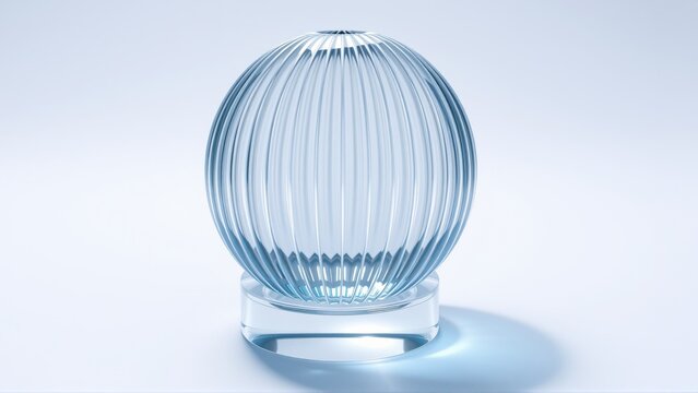 Blue glass orb rests upon clear base. Ribbed texture creates visual interest, soft lighting highlights form. Minimalist studio shot.