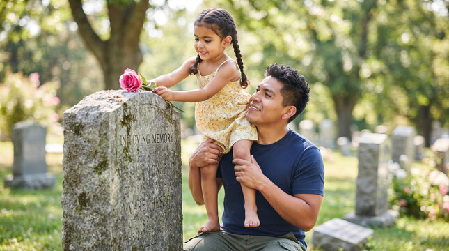 Father holding little girl placing rose on grave at cemetery. Family remembering deceased relative. Day of the Dead and memorial tradition. Grief, loss, love and memory concept