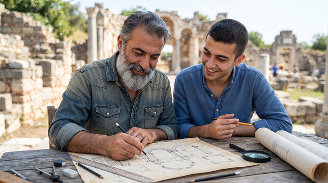 Two male archaeologists with blueprint at ancient ruins. Senior bearded man and young man drawing excavation plan at wooden table. Archaeology research concept. Archaeologist day
