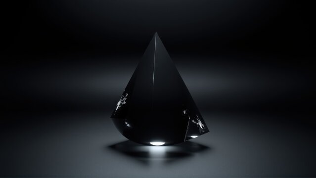 Dark crystal pyramid sits center frame. Subtle light reflects off facets, creating dramatic shadows. Minimalist composition, stark contrast.