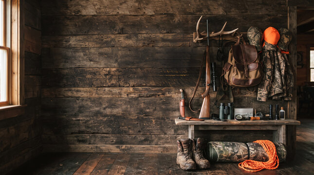 Hunting equipment with rifle, backpack, camouflage clothing and boots on wooden bench in rustic cabin interior. Antlers and hunting gear on old wood wall