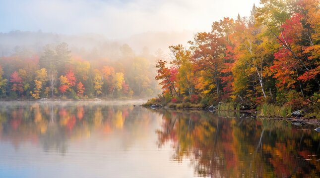 Autumn lake with colorful foliage reflected in calm water at misty sunrise. Peaceful fall landscape with fog over forest and trees in orange, red and