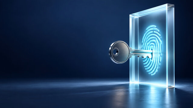 Key and glowing fingerprint on glass authentication panel