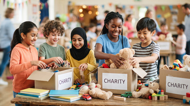 Multicultural children packing toys into charity donation boxes at community center. Diverse kids smiling while sorting teddy bears and books for charity drive