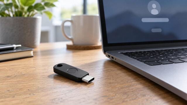 Hardware security key beside a laptop for account protection