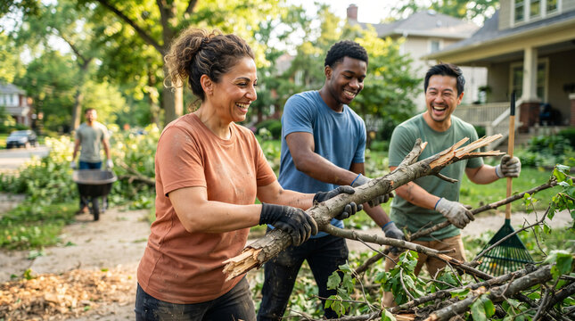 Smiling woman and men volunteers clearing broken tree branches after storm in residential neighborhood. Diverse community team working together outdoors with gloves and rake