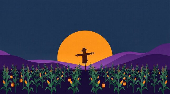 Halloween scarecrow in cornfield with large moon and lanterns vector g