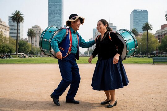 Mature Chilean couple dance cueca in public park. Man wears straw hat, carries large bass drum on back. Woman smiles happily dancing with. Urban dancers perform traditional folk music outdoors in