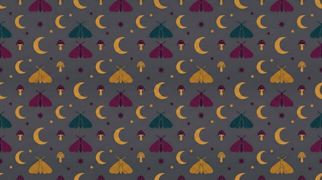 Seamless pattern with moths crescent moons and mushrooms on dark grey
