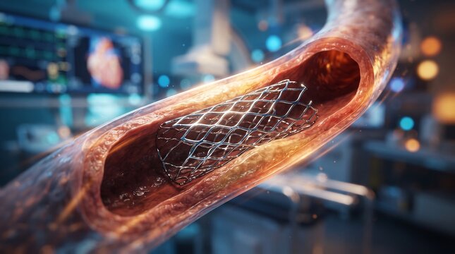 Metal stent expanding inside blocked artery with cholesterol plaque in 3D medical illustration. Cardiac angioplasty procedure shown in close-up cross-section view of blood vessel