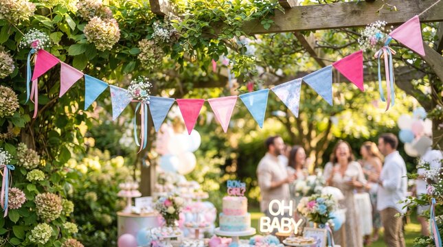 Colorful bunting hangs over an outdoor baby shower celebration. Pink and blue flags adorn a garden party with joyful guests