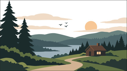 Fototapeta premium Cozy cabin in a quiet forest valley with a winding path at sunset for peaceful travel background