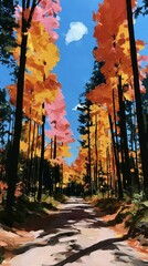 Fototapeta premium Vibrant autumn forest path under clear blue sky.