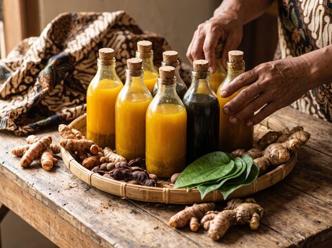 Indonesian jamu herbal drink bottles with fresh turmeric and ginger on a rustic wooden tray in morning light